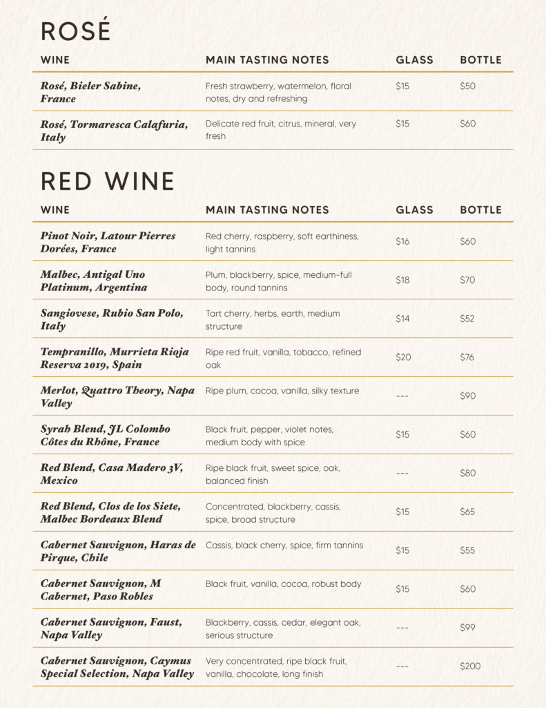 Wine Menu Amorelia