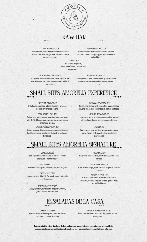 Dinner Menu Amorelia