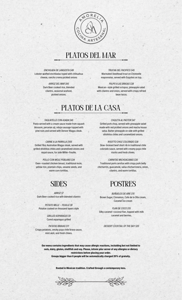 Dinner Menu Amorelia
